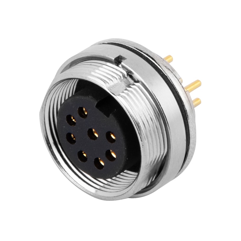 M16 panel receptacle, rear mount, female, contacts:5, PCB dip-solder connection, straight, IP67, UL certified
