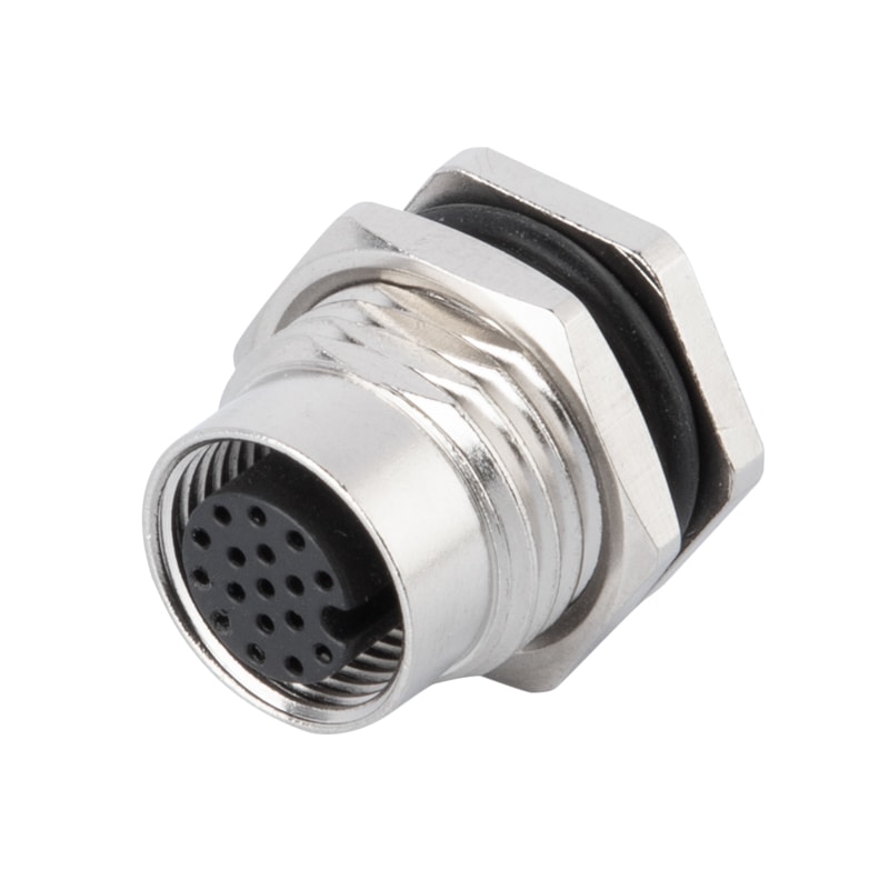 M12 panel receptacle, rear mount, female, contacts:12, pcb dip-solder connection for wires, A code, straight, IP67