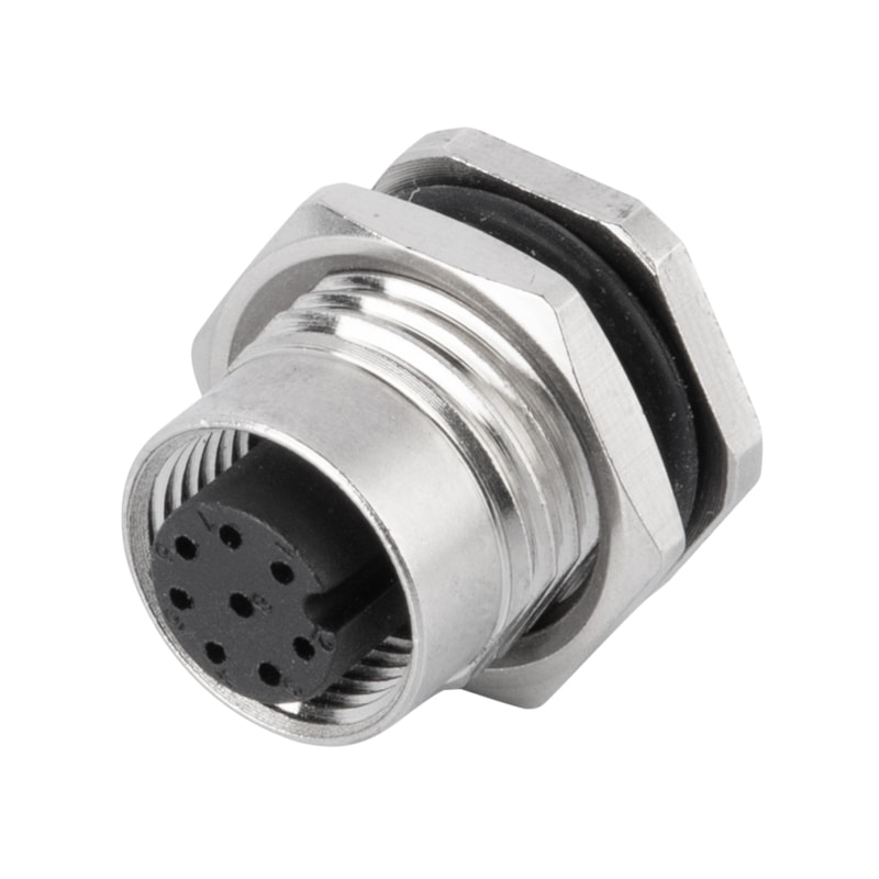 M12 panel receptacle, rear mount, female, contacts: 8, PCB dip-solder connection, A code, straight, IP67