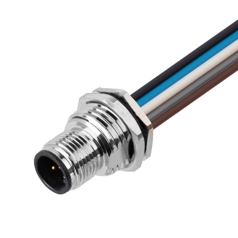 M12 panel receptacle, rear mount, male, contacts:4, solder connection for wires, A code, straight, IP67