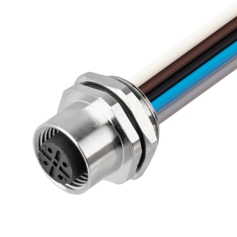 M12 panel receptacle, front mount, female, contacts: 4, solder connection for wires,A code, straight, IP67
