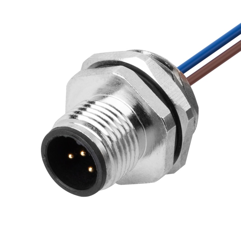 M12 panel receptacle, front mount, male, contacts: 8, solder connection for wires , A code, straight, IP67