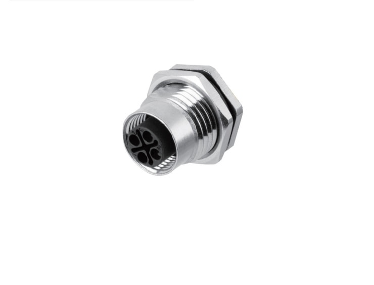 M12 panel receptacle, rear mount, female, contacts:3(2+PE),  PCB dip-solder connection, S code, straight, IP67