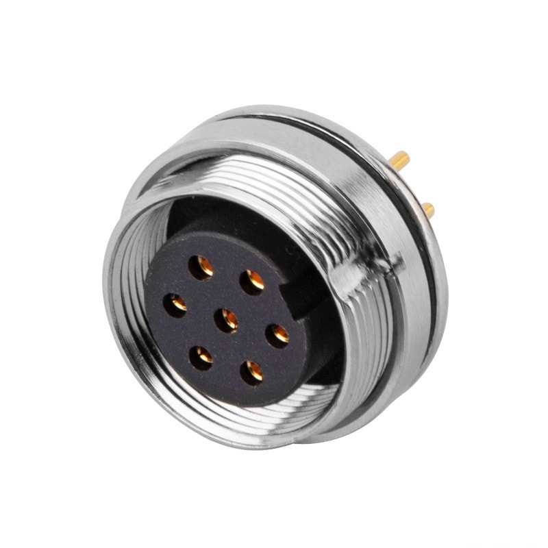 M16 panel receptacle, rear mount, female, contacts:7, PCB dip-solder connection, straight, IP67, UL certified