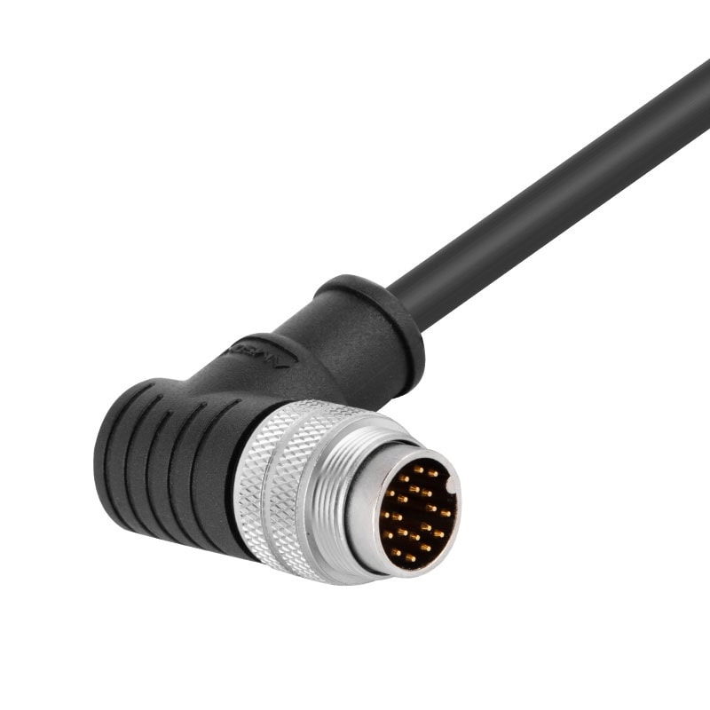 M16 pre-molded cable connector, male, contacts:19, solder connection, right angled, IP67, shieldable, UL certified