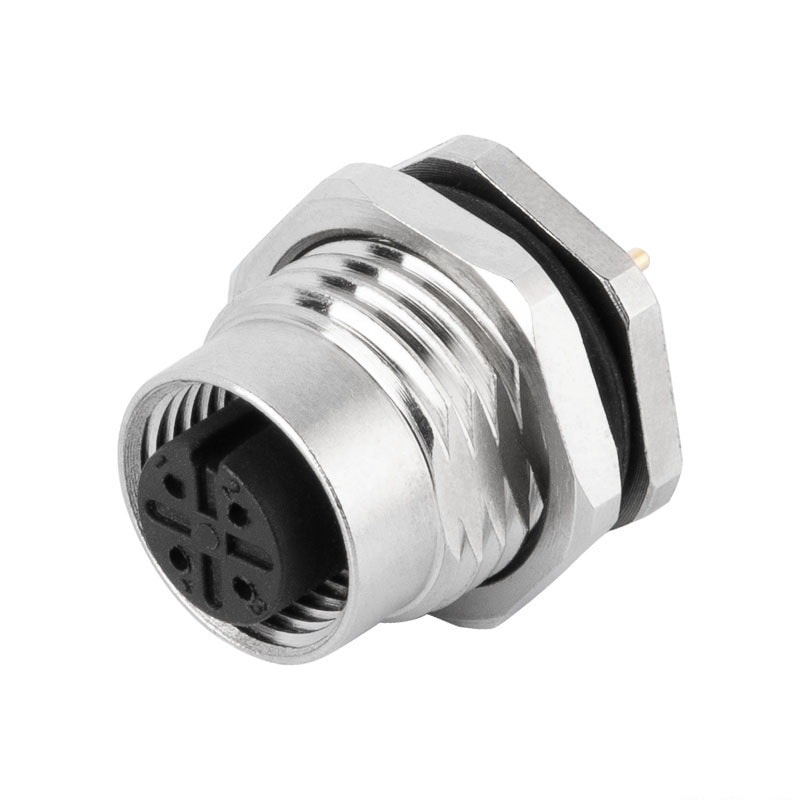 M12 panel receptacle, rear mount, female, contacts: 3, PCB dip-solder connection, A code, straight, IP67