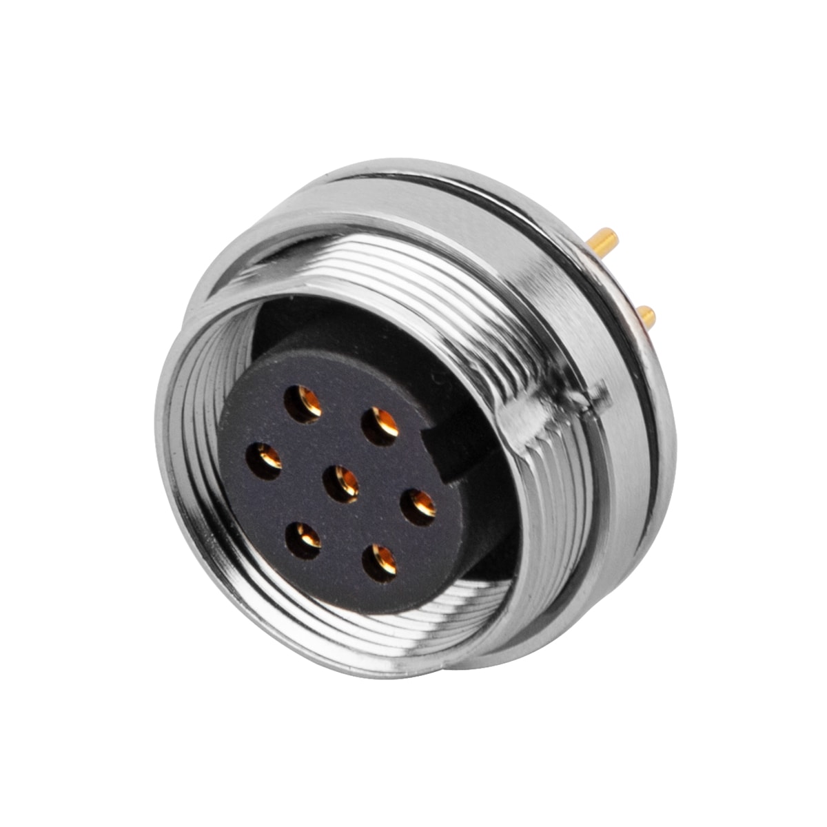 M16 panel receptacle, rear mount, female, contacts:7, PCB dip-solder connection, straight, IP67, UL certified