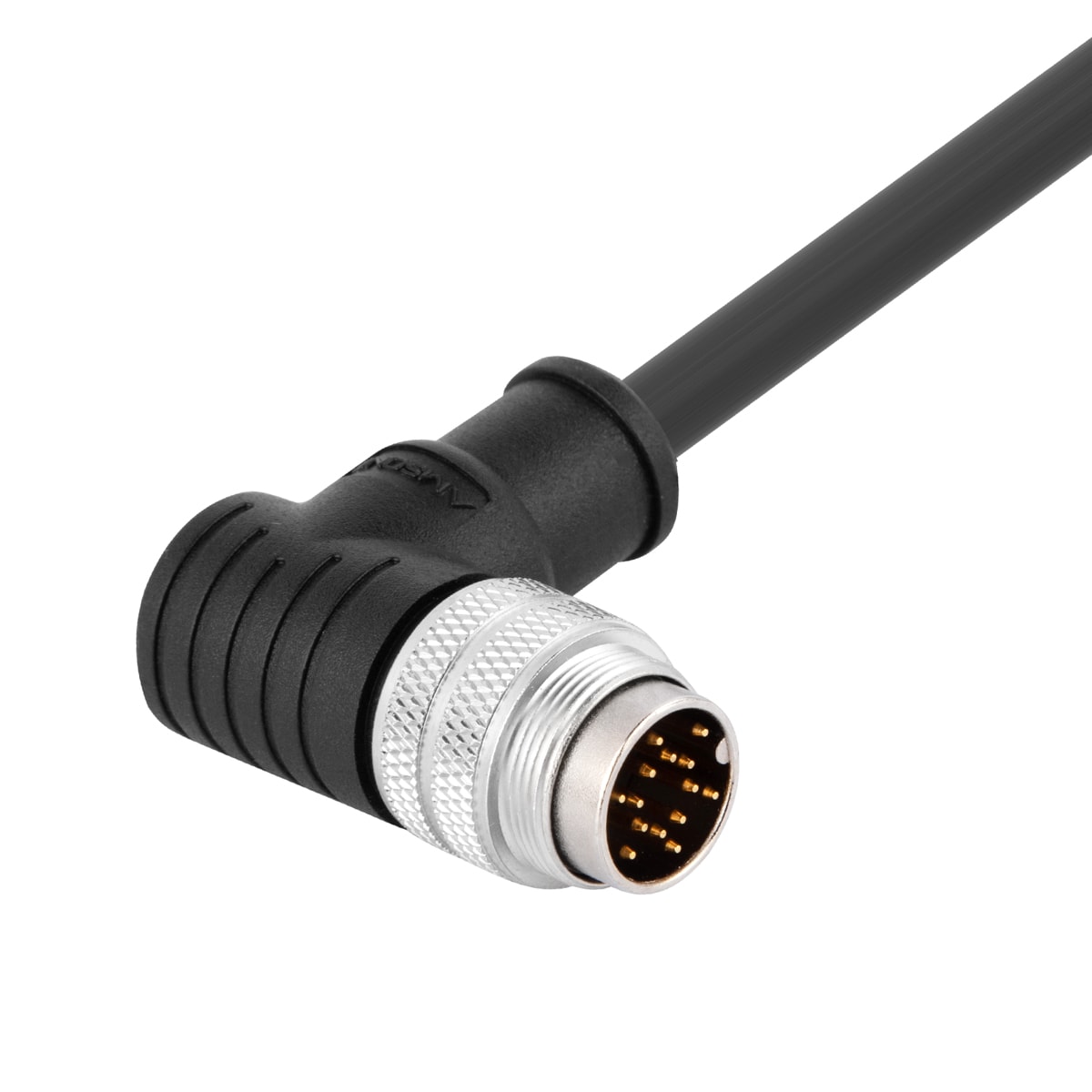 M16 pre-molded cable connector, male, contacts:12, solder connection, right angled, IP67, shieldable, UL certified
