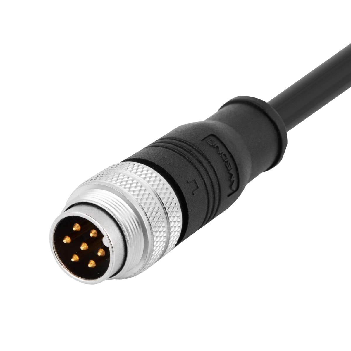 M16 pre-molded cable connector, male, contacts:7, solder connection, straight, IP67, shieldable, UL certified