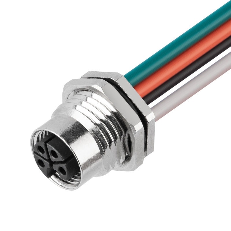 M12 panel receptacle, rear mount, female, contacts:4, solder connection connection for wires, L code, straight, IP67