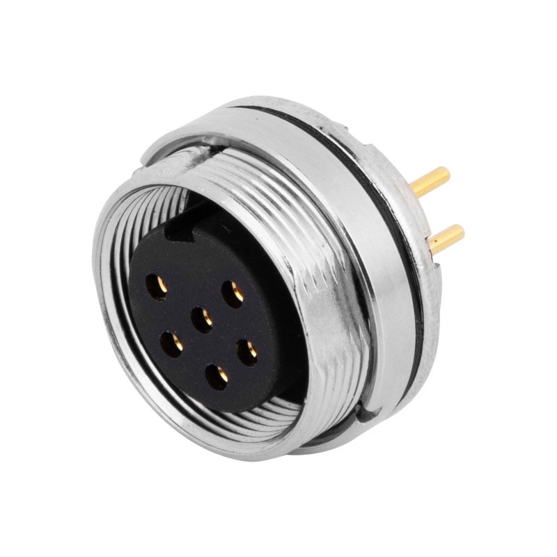 M16 panel receptacle, rear mount, female, contacts:6, PCB dip-solder connection, straight, IP67, UL certified