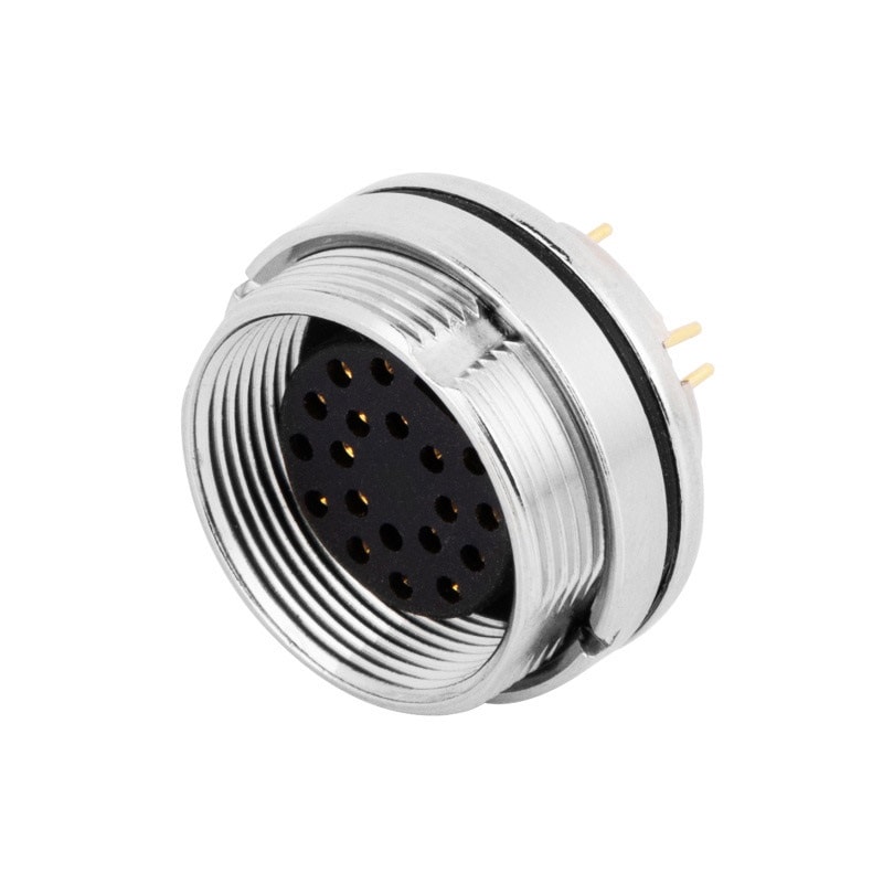 M16 panel receptacle, rear mount, female, contacts:19, PCB connection, straight, IP67, UL certified