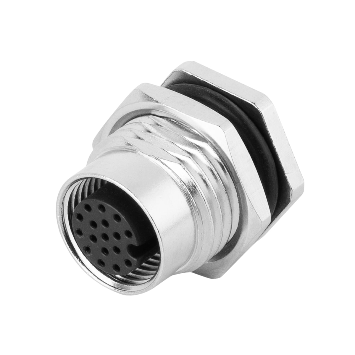 M12 panel receptacle, rear mount, female, contacts:17, pcb dip-solder connection for wires, A code, straight, IP67