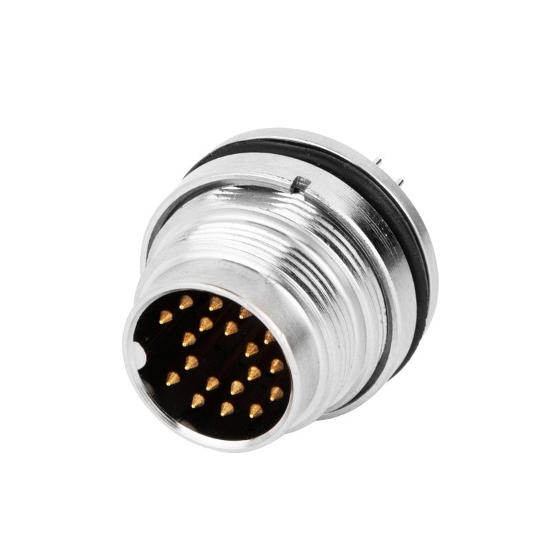 M16 panel receptacle, rear mount, male, contacts:12,14,16,19, PCB dip-solder connection, straight, IP67, UL certified