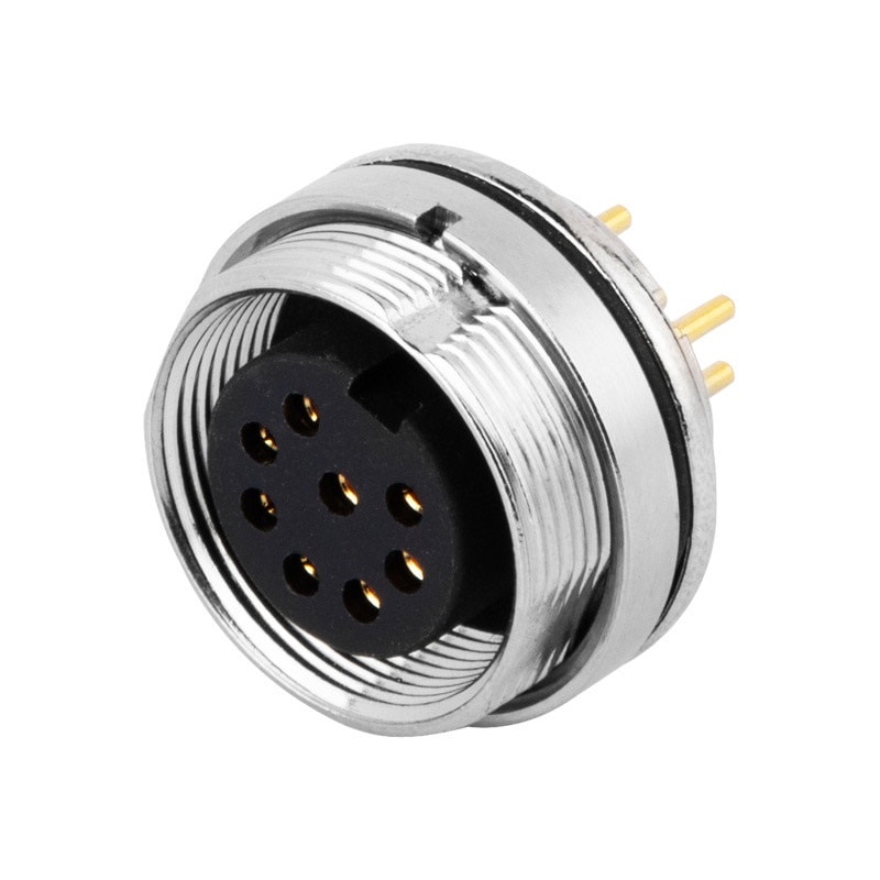 M16 panel receptacle, rear mount, female, contacts:8, PCB dip-solder connection, straight, IP67, UL certified