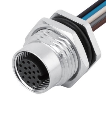 M12 panel receptacle, rear mount, female, contacts:17, solder connection for wires, A code, straight, IP67
