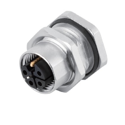 M12 panel receptacle, rear mount, female, contacts:4, PCB dip-solder connection, L code, straight, IP67