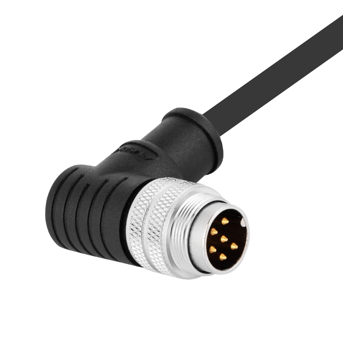 M16 pre-molded cable connector, male, contacts:6, solder connection, right angled, IP67, shieldable, UL certified