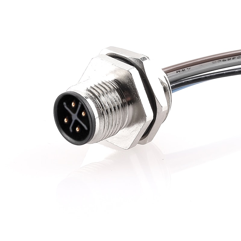 M12 panel receptacle, front mount, male, contacts:4, solder connection for wires, S code, straight, IP67