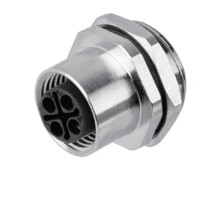 M12 panel receptacle, front mount, female, contacts:4,  solder connection for wires, S code, straight, IP67