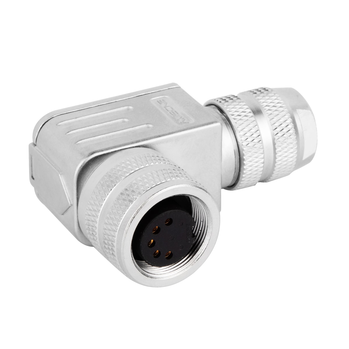 M16 cable connector, female, contacts: 5, fiel dassembly type, solder connection, right angled, IP67, UL certified