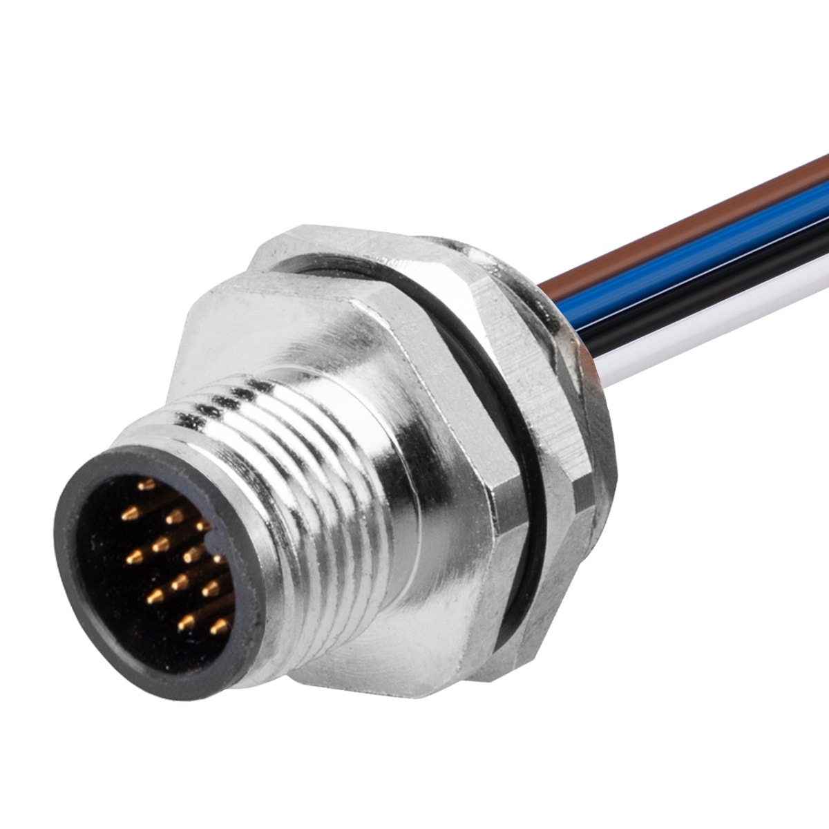 M12 panel receptacle, front mount, male, contacts:17, solder connection for wires, A code, straight, IP67