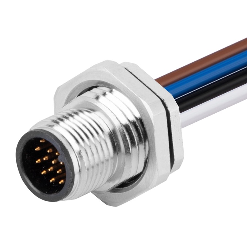M12 panel receptacle, rear mount, male, contacts:12,solder connection for wires,A code, straight, IP67