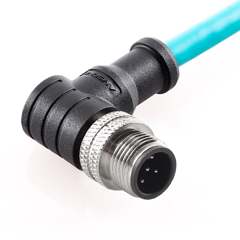 M12 pre-molded cable connector, male, contacts: 5,  solder connection, A code, right angled, IP67