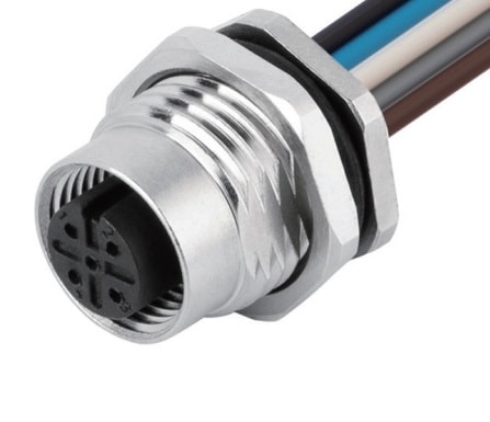 M12 panel receptacle, rear mount, female, contacts:4, solder connection for wires, A code, straight, IP67