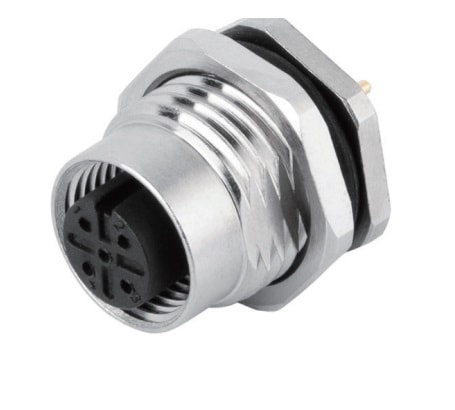 M12 panel receptacle, rear mount, female, contacts: 5, PCB dip-solder connection, A code, straight, IP67