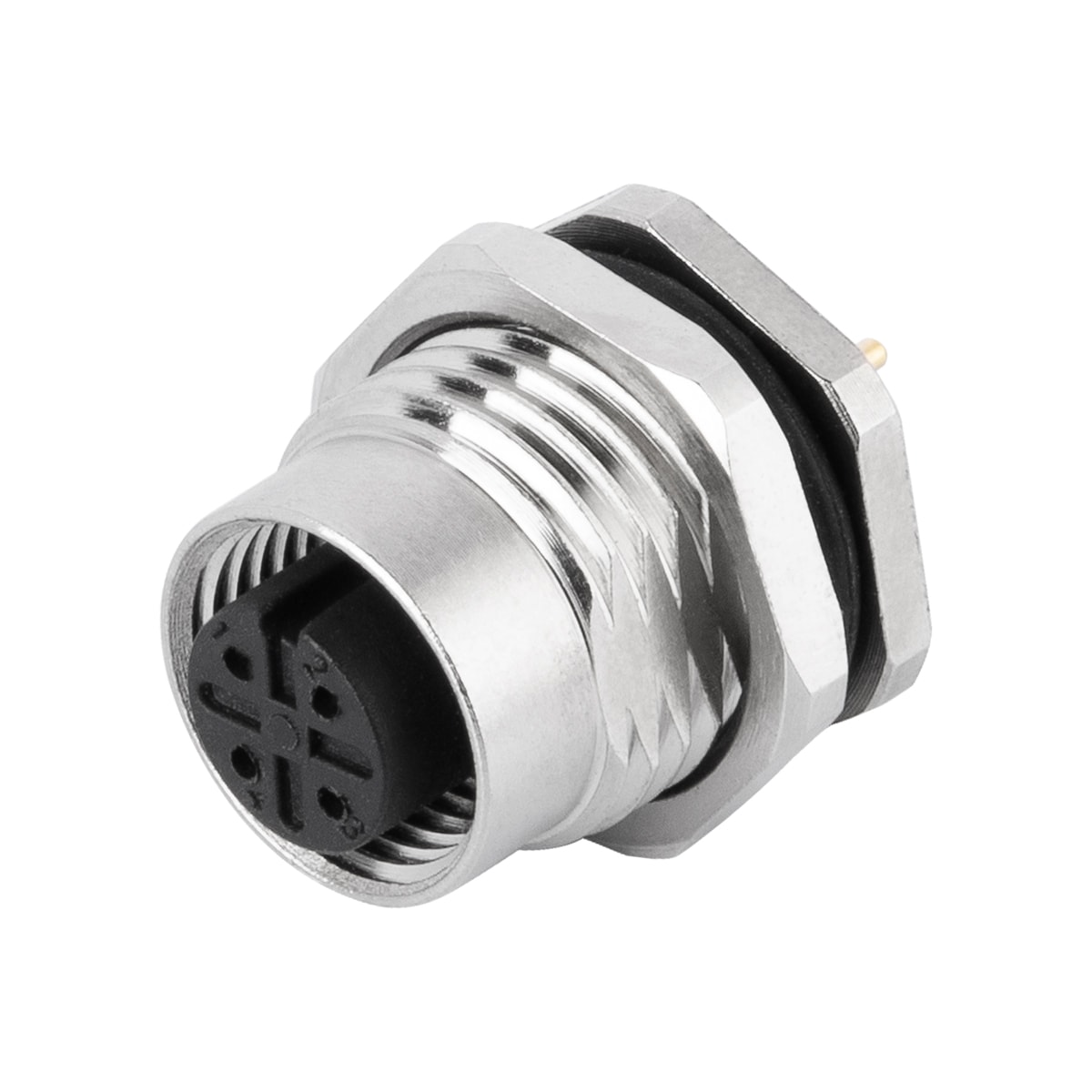 M12 panel receptacle, rear mount, female, contacts: 4, PCB dip-solder connection, A code, straight, IP67