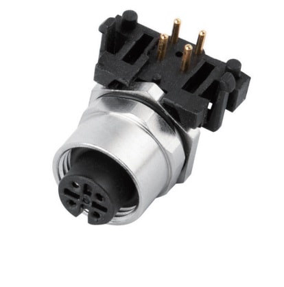 M12 panel receptacle, rear mount, female, contacts: 4, PCB dip-solder connection, A code, right angled, IP67