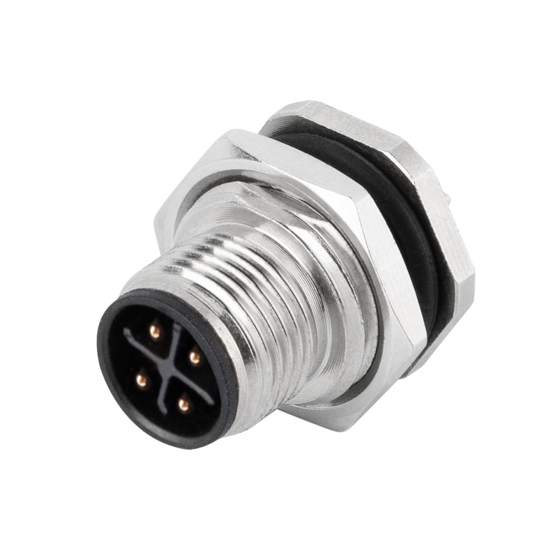 M12 panel receptacle, rear mount, male, contacts:3(2+PE),PCB dip-solder connection, S code, straight, IP67