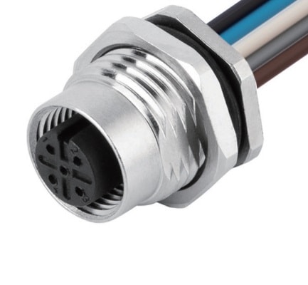 M12 panel receptacle, rear mount, female, contacts: 5, solder connection for wires, A code, straight, IP67