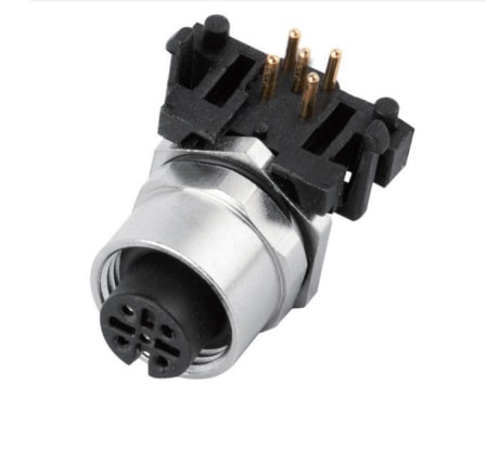 M12 panel receptacle, rear mount, female, contacts: 5, PCB dip-solder connection, A code, right angled, IP67