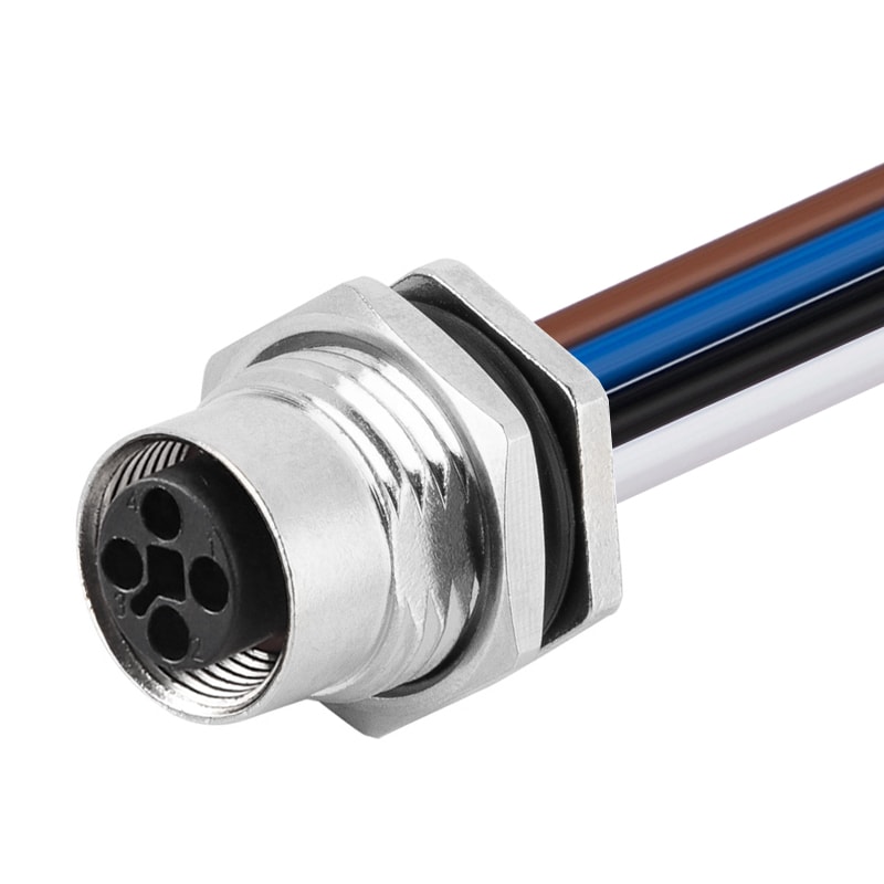 M12 panel receptacle, female, contacts: 4,  solder connection for wires, T code, straight, IP67