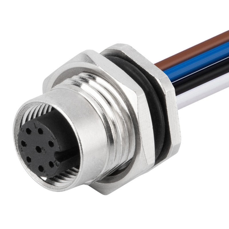 M12 8P Receptacle Panel Rear Mount Female A Code Wier Solder Pins
