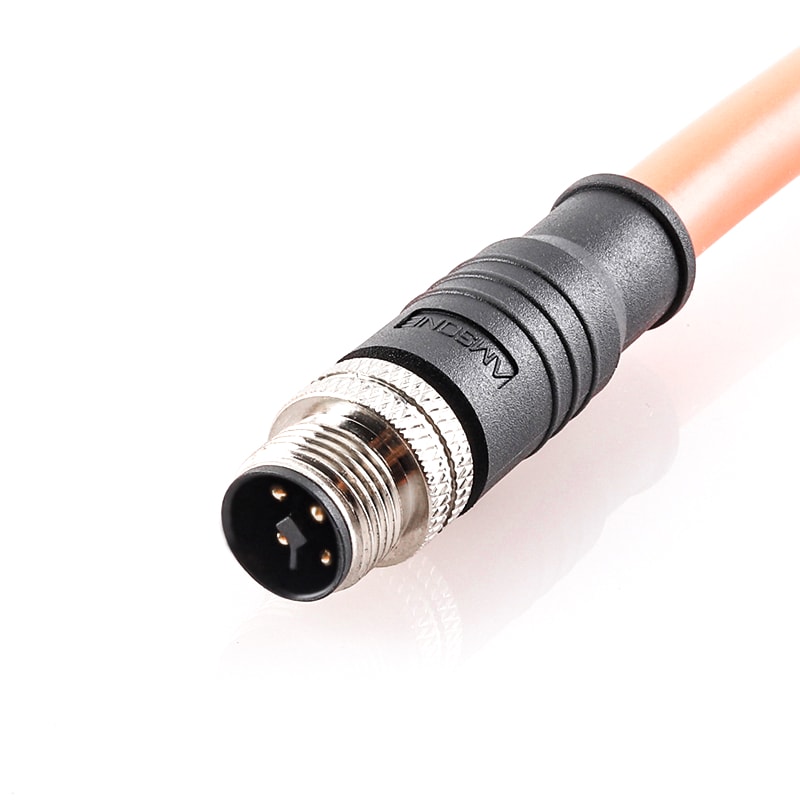 M12 T Code 4P Power Connector Male Drag Chain Cable Pre-Molded Connector