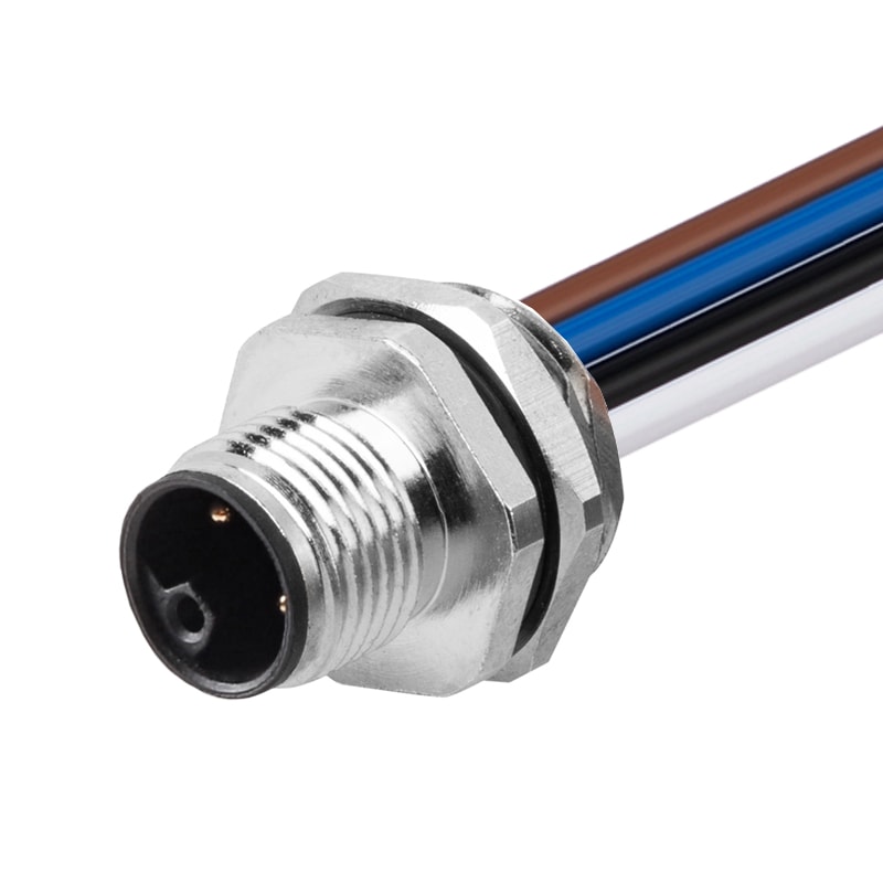 M12 L Code Power Connector Panel Front Mount Receptacle With Wires