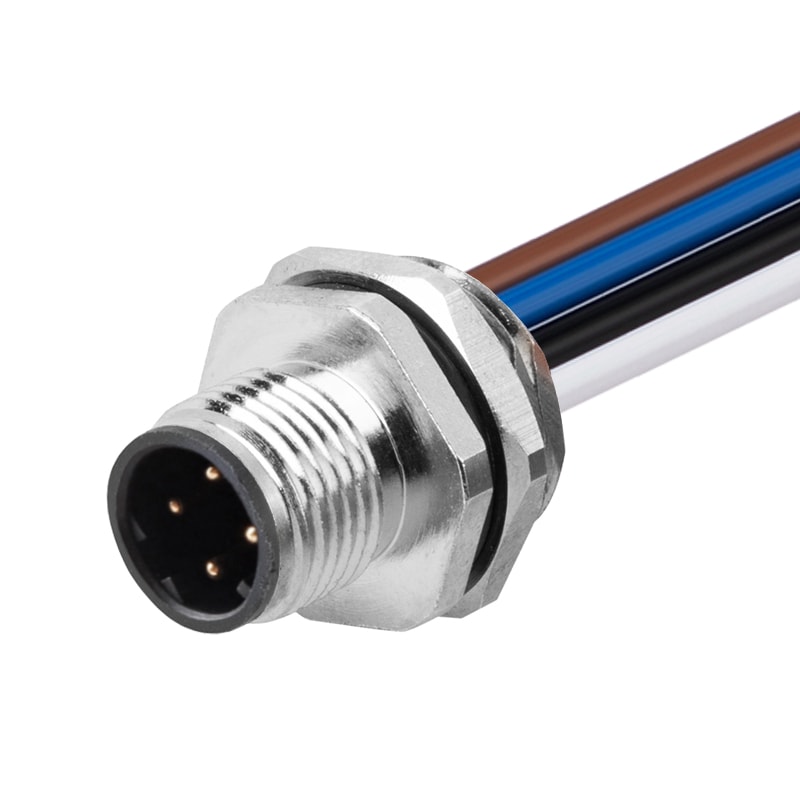 M12 Panel Receptacle Front Mount Male 4Pin Solder Connection For Wires D Code Straight IP67