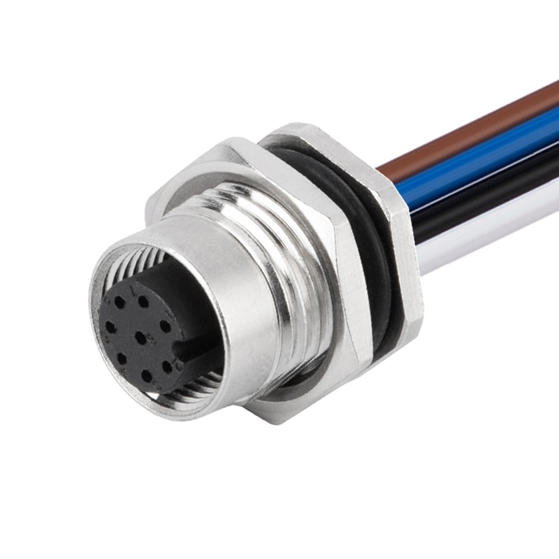 M12 A Code Panel Receptacle Receptacle Rear Mount Female Solder Connection for Wires Straight IP67