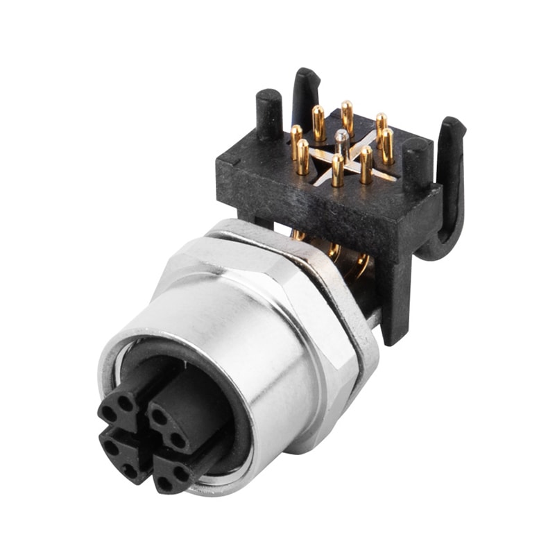 M12 X Code 8Pole Panel Receptacle Rear Mount Female PCB Dip-solder Connection Right Angled IP67