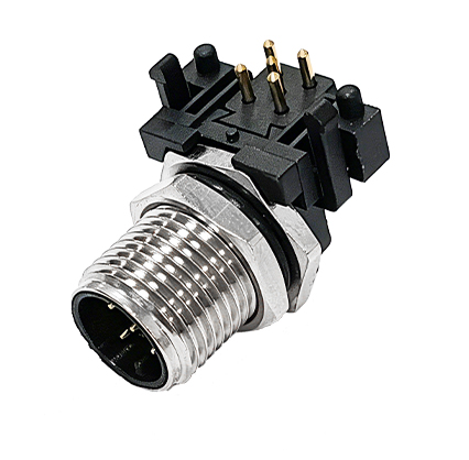 M12 panel receptacle, rear mount, male, contacts: 5, PCB dip-solder connection, A code, right angled, IP67